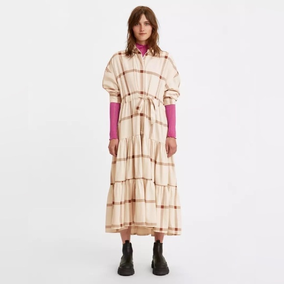 NWT Levi's Made&Crafted WINTER KAFTAN OffWhite Cherry Plaid Heavy Tiered Lined S - Picture 1 of 16